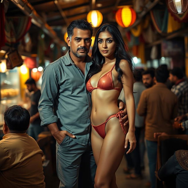 A full-length intimate couple photoshoot featuring a stunning 23-year-old Arab woman wearing a transparent bikini that accentuates her sexy figure, including her hot navel and seductive thighs