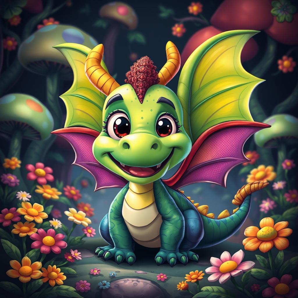 A vivid and colorful cartoon character in a fantasy setting