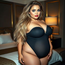 A full-length photograph of a sexy, beautiful, plump woman, 18 years old, with very thick, long, messy dirty blonde hair cascading around her shoulders