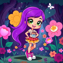 A vibrant cartoon girl character with a playful and adventurous personality