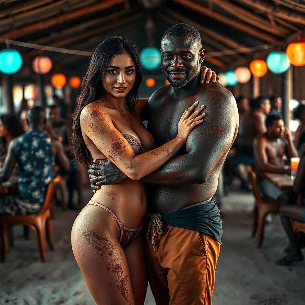 A full-length intimate couple photoshoot featuring a stunning 22-year-old gorgeous Arab woman wearing a transparent bikini, accentuating her beautiful features with dirt artistically applied on her skin