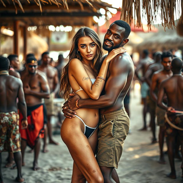 A full-length intimate couple photoshoot featuring a stunning 22-year-old gorgeous Arab woman wearing a transparent bikini, accentuating her beautiful features with dirt artistically applied on her skin