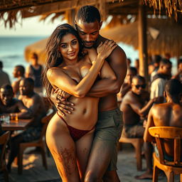 A full-length intimate couple photoshoot featuring a stunning 22-year-old gorgeous Arab woman wearing a transparent bikini, accentuating her beautiful features with dirt artistically applied on her skin