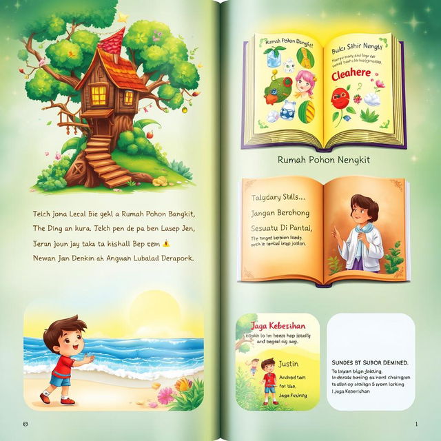 An enchanting illustrated collection of short stories, featuring a whimsical treehouse surrounded by lush greenery, symbolizing the story titled 'Rumah Pohon Bangkit'