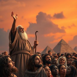 A dramatic scene depicting Moses and Aaron addressing the crowd of Israelites in ancient Egypt