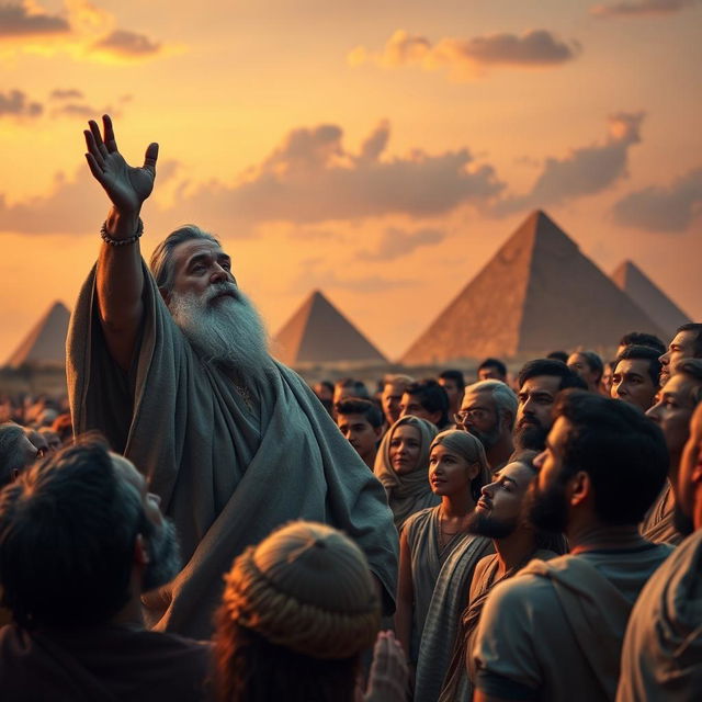 A dramatic scene depicting Moses and Aaron addressing the crowd of Israelites in ancient Egypt