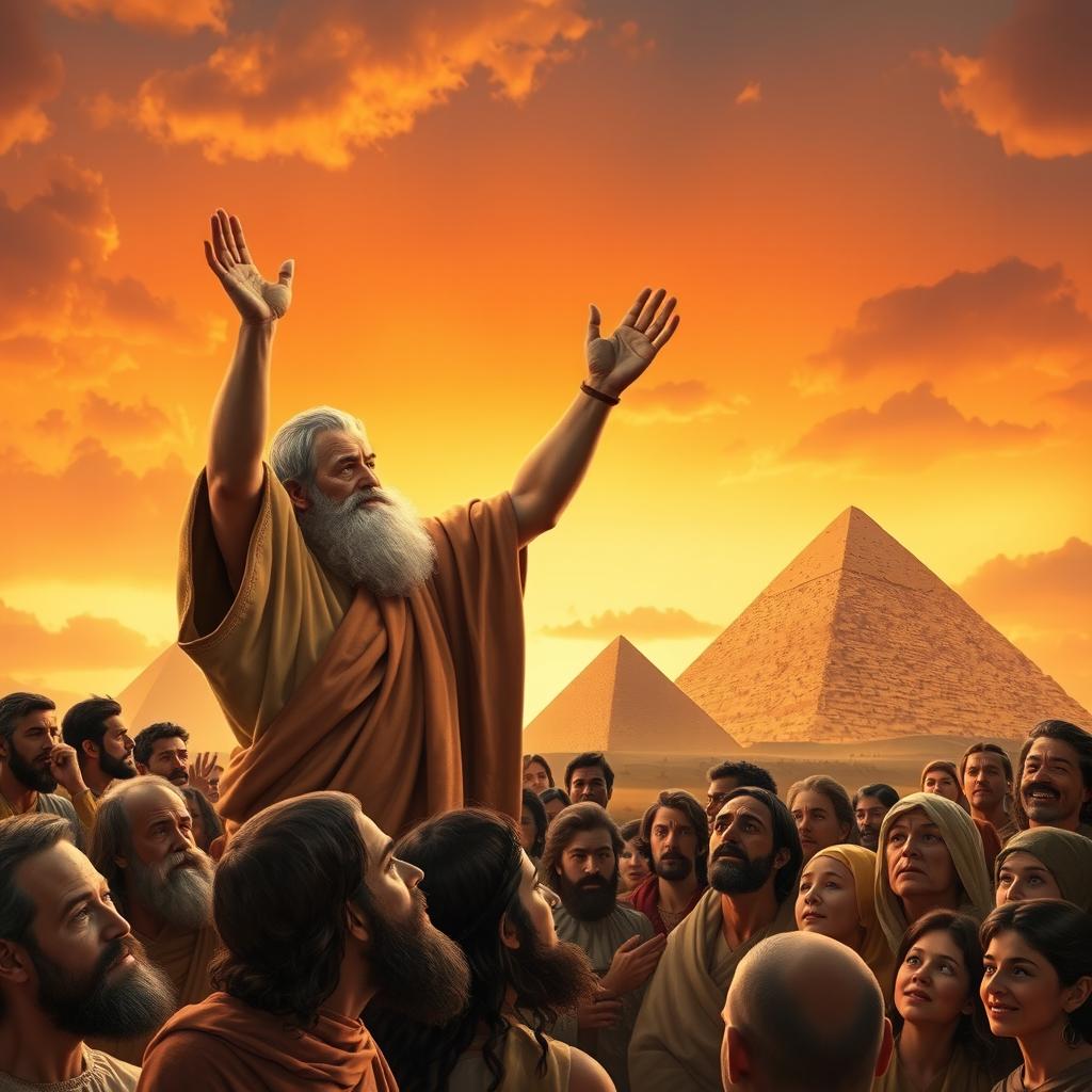 A dramatic scene depicting Moses and Aaron addressing the crowd of Israelites in ancient Egypt