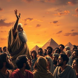 A dramatic scene depicting Moses and Aaron addressing the crowd of Israelites in ancient Egypt