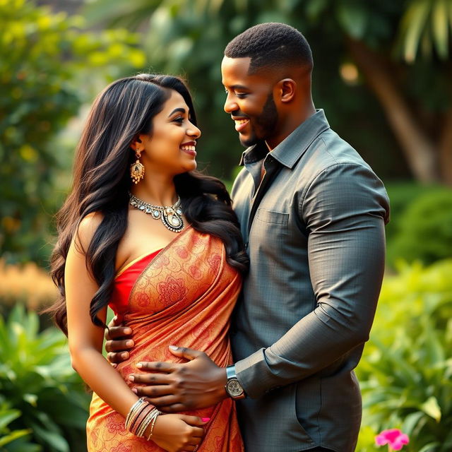 A busty Indian woman and an African man enjoying a romantic moment together