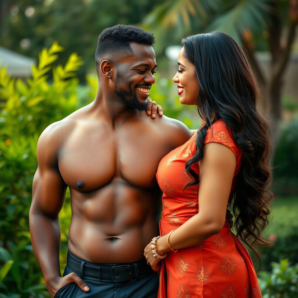 A busty Indian woman and an African man enjoying a romantic moment together