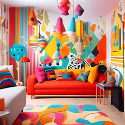 A stylish room with pop design elements, complete with vibrant colors, bold patterns, and artistic touches. The room should embody a fun, dynamic atmosphere.