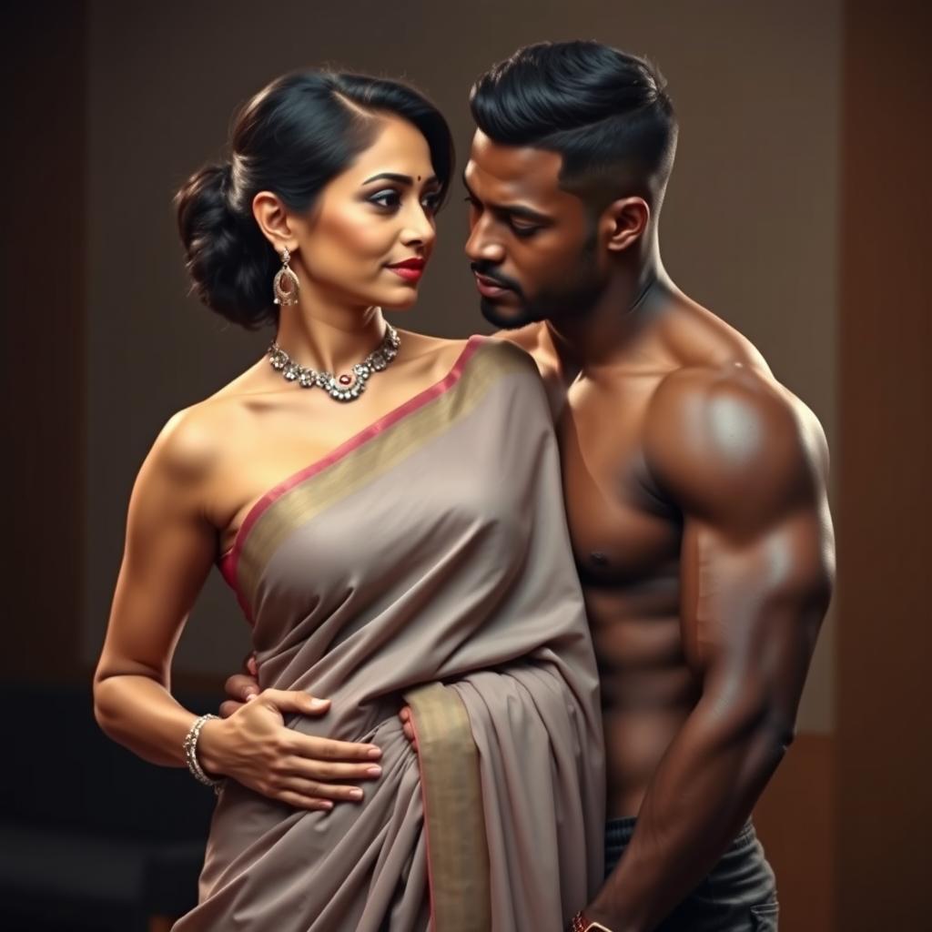 A seductive scene featuring an Indian mature woman elegantly dressed in a low waist saree and a sleeveless blouse, showcasing her graceful side profile and hinting at her cleavage