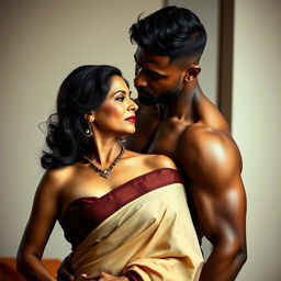 A seductive scene featuring an Indian mature woman elegantly dressed in a low waist saree and a sleeveless blouse, showcasing her graceful side profile and hinting at her cleavage