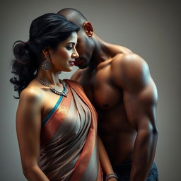 A seductive scene featuring an Indian mature woman elegantly dressed in a low waist saree and a sleeveless blouse, showcasing her graceful side profile and hinting at her cleavage