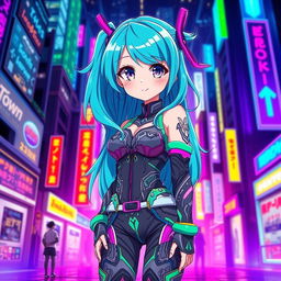 An anime girl with long, flowing turquoise hair and bright violet eyes, wearing a stylish futuristic outfit with intricate patterns and bright neon accents