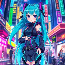 An anime girl with long, flowing turquoise hair and bright violet eyes, wearing a stylish futuristic outfit with intricate patterns and bright neon accents