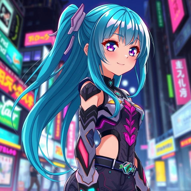 An anime girl with long, flowing turquoise hair and bright violet eyes, wearing a stylish futuristic outfit with intricate patterns and bright neon accents