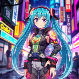 An anime girl with long, flowing turquoise hair and bright violet eyes, wearing a stylish futuristic outfit with intricate patterns and bright neon accents