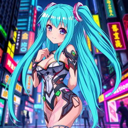 An anime girl with long, flowing turquoise hair and bright violet eyes, featuring an exaggerated bust size, wearing a stylish futuristic outfit that accentuates her curves with intricate patterns and bright neon accents