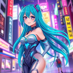 An anime girl with long, flowing turquoise hair and bright violet eyes, featuring an exaggerated bust size, wearing a stylish futuristic outfit that accentuates her curves with intricate patterns and bright neon accents