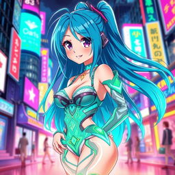 An anime girl with long, flowing turquoise hair and bright violet eyes, featuring an exaggerated bust size, wearing a stylish futuristic outfit that accentuates her curves with intricate patterns and bright neon accents