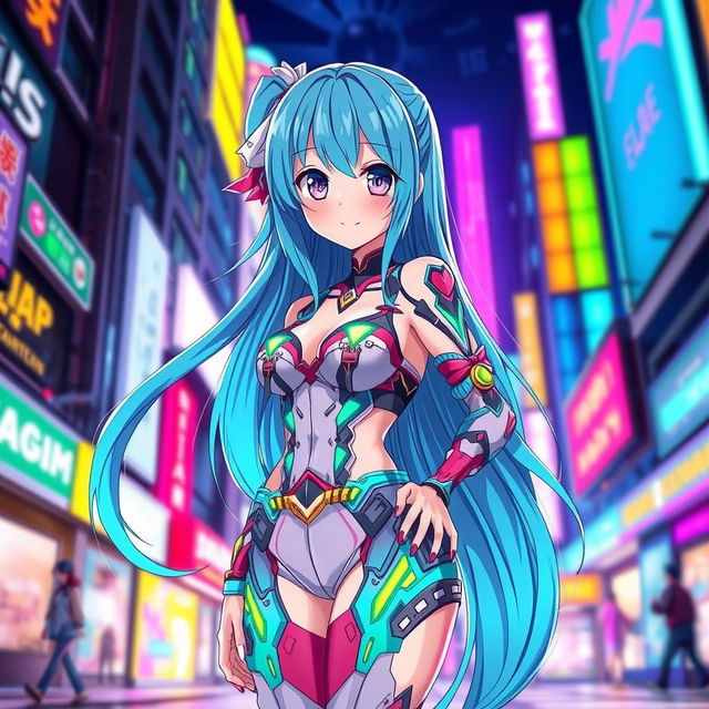 An anime girl with long, flowing turquoise hair and bright violet eyes, featuring an exaggerated bust size, wearing a stylish futuristic outfit that accentuates her curves with intricate patterns and bright neon accents