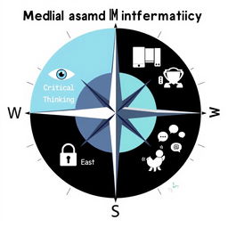 A graphic image of a compass design divided into four quadrants, each representing a key component of Media and Information Literacy