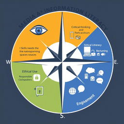 A graphic image of a compass design divided into four quadrants, each representing a key component of Media and Information Literacy