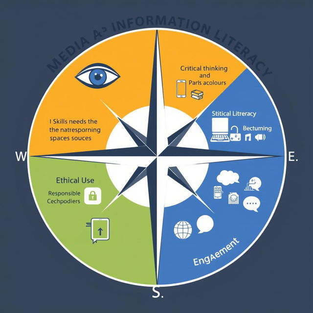 A graphic image of a compass design divided into four quadrants, each representing a key component of Media and Information Literacy