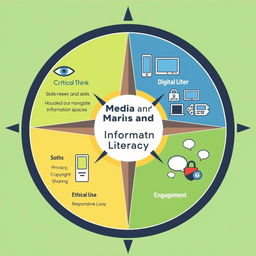 A graphic image of a compass design divided into four quadrants, each representing a key component of Media and Information Literacy