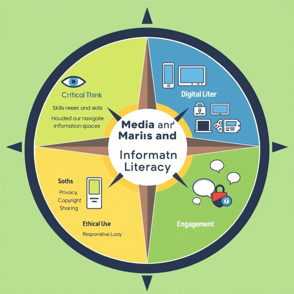 A graphic image of a compass design divided into four quadrants, each representing a key component of Media and Information Literacy