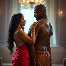An Indian sexy mature woman wearing a low waist saree with no blouse, showcasing her fit silhouette and side boob
