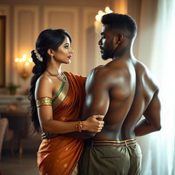 An Indian sexy mature woman wearing a low waist saree with no blouse, showcasing her fit silhouette and side boob
