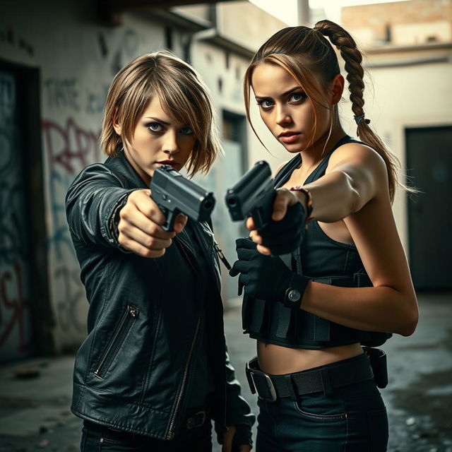 A tense standoff between two girls, each pointing a handgun at the other