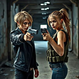 A tense standoff between two girls, each pointing a handgun at the other