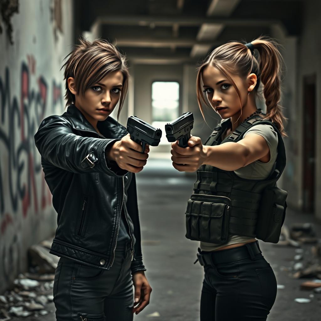 A tense standoff between two girls, each pointing a handgun at the other
