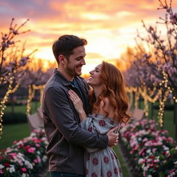 A loving couple sharing a tender moment in a beautifully decorated park during sunset