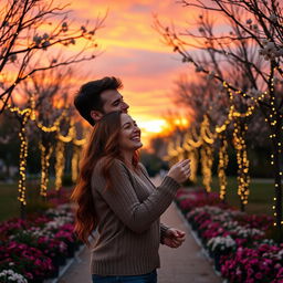 A loving couple sharing a tender moment in a beautifully decorated park during sunset