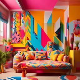 A stylish room with pop design elements, complete with vibrant colors, bold patterns, and artistic touches. The room should embody a fun, dynamic atmosphere.