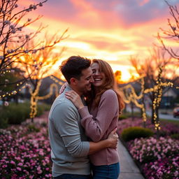 A loving couple sharing a tender moment in a beautifully decorated park during sunset