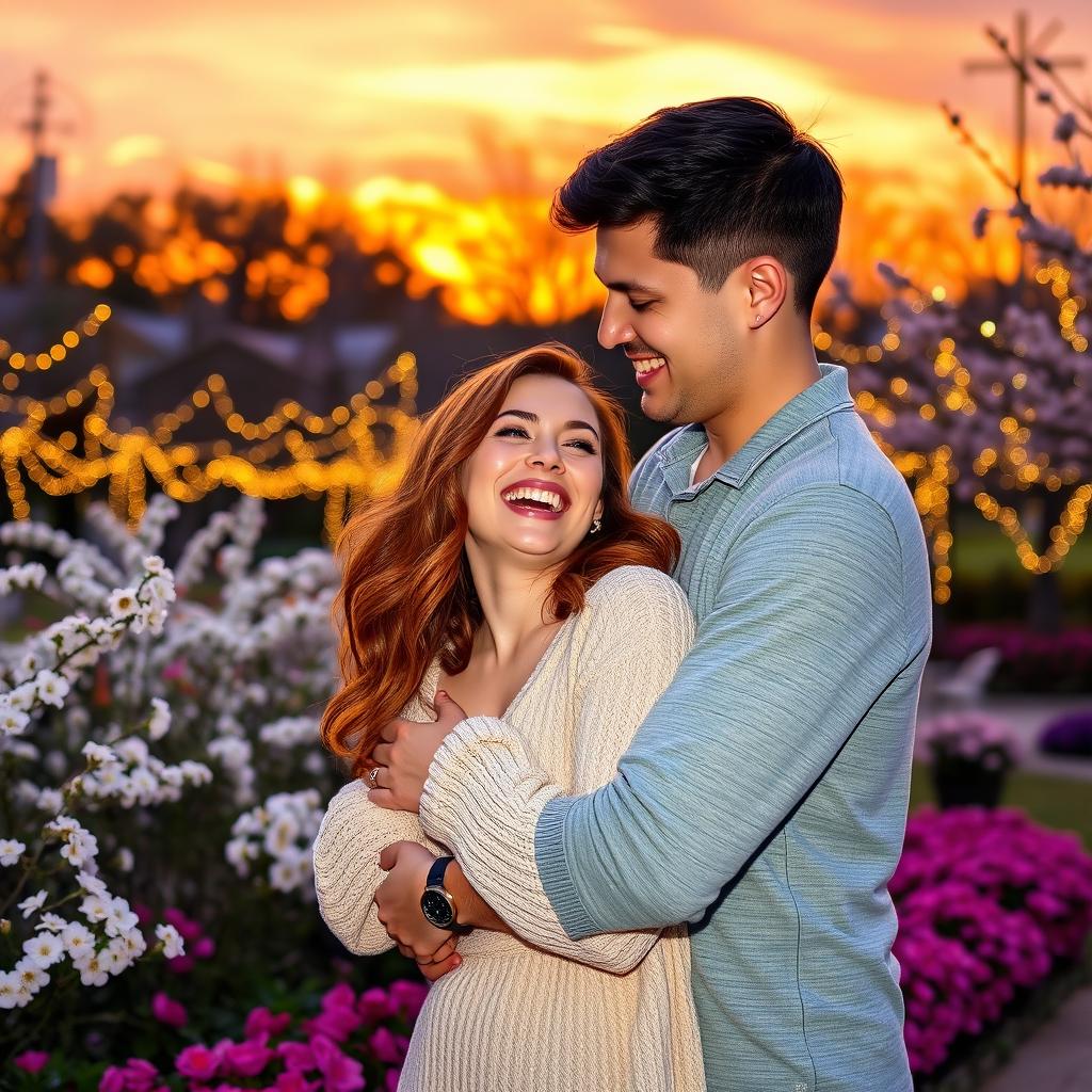 A loving couple sharing a tender moment in a beautifully decorated park during sunset
