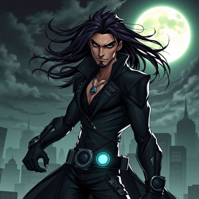 A thin supervillain named Ashkan, with a sinister expression, wearing a dark and sleek outfit adorned with high-tech gadgets