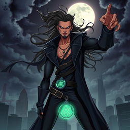 A thin supervillain named Ashkan, with a sinister expression, wearing a dark and sleek outfit adorned with high-tech gadgets