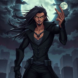 A thin supervillain named Ashkan, with a sinister expression, wearing a dark and sleek outfit adorned with high-tech gadgets