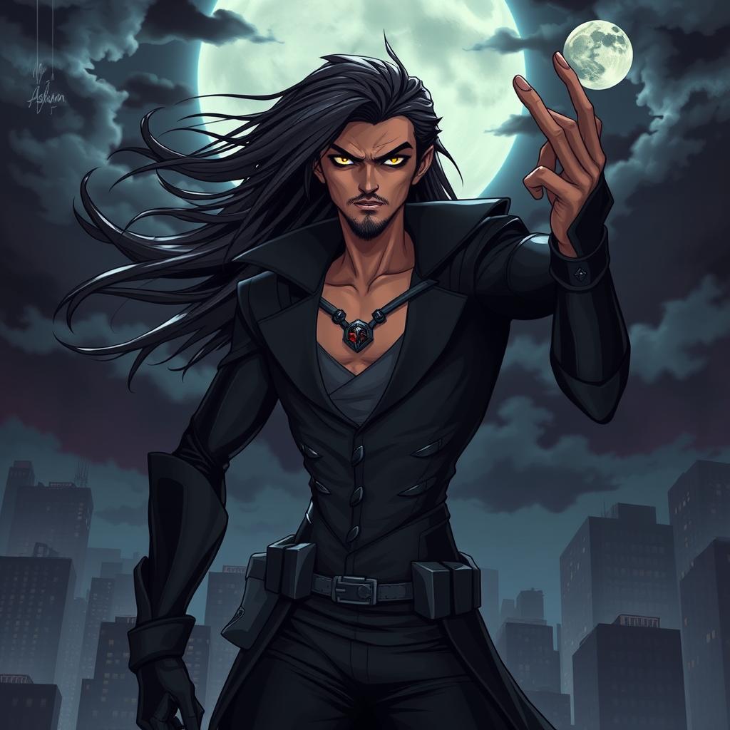 A thin supervillain named Ashkan, with a sinister expression, wearing a dark and sleek outfit adorned with high-tech gadgets
