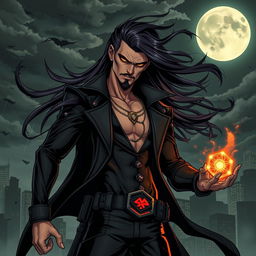 A thin supervillain named Ashkan, with a sinister expression, wearing a dark and sleek outfit adorned with high-tech gadgets