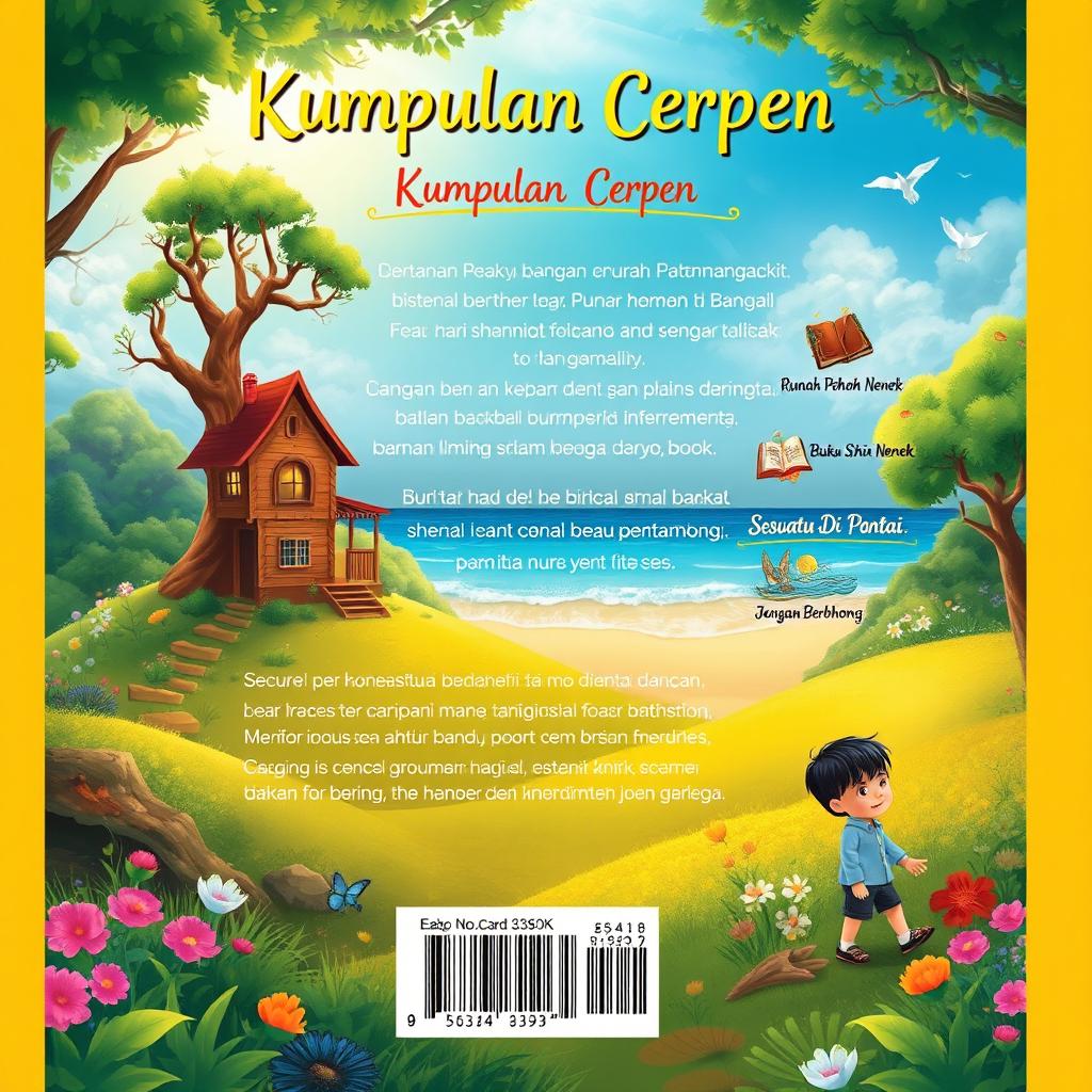 An enchanting back cover design for a short story collection in A4 size, titled 'Kumpulan Cerpen'