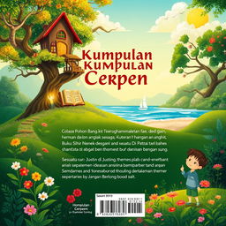 An enchanting back cover design for a short story collection in A4 size, titled 'Kumpulan Cerpen'