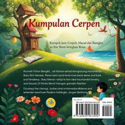 An enchanting back cover design for a short story collection in A4 size, titled 'Kumpulan Cerpen'