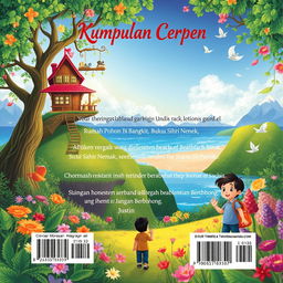 An enchanting back cover design for a short story collection in A4 size, titled 'Kumpulan Cerpen'